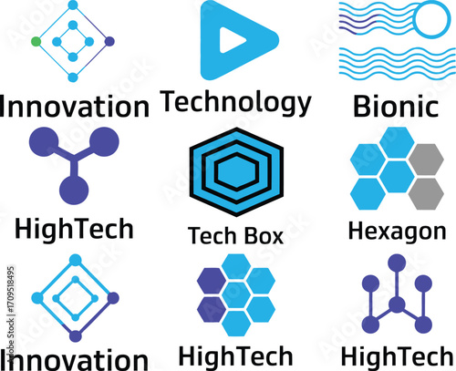 Collection of nine different technology themed logo designs