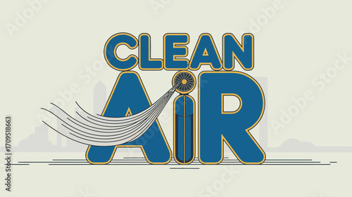 Clean air text with blue and gold outline and air stream graphic on a light background illustration