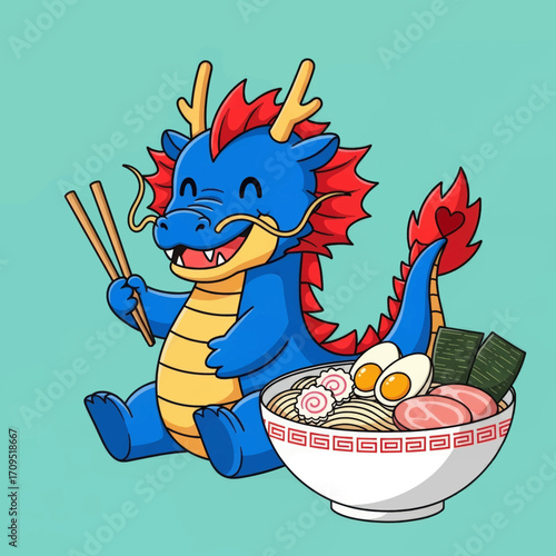 A cute blue cartoon dragon with red hair and horns happily eating a large bowl of ramen noodles with chopsticks on a teal background.