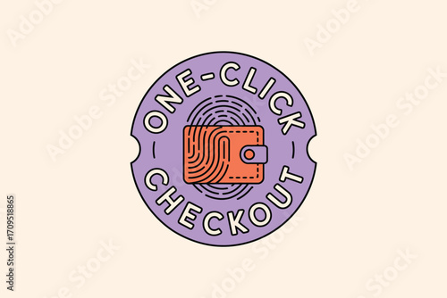 Illustration of a purple badge with one click checkout text and a wallet with fingerprint design