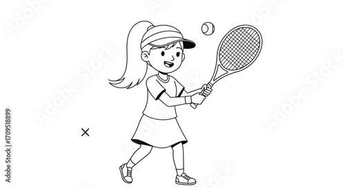A young girl with a ponytail enthusiastically plays tennis on a bright sunny day. She is wearing a cap and a sporty outfit.