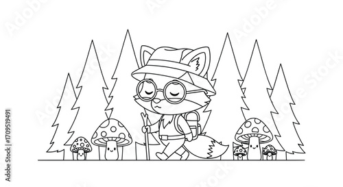 An adventurous fox explores a whimsical forest filled with unusual mushrooms and tall pine trees.