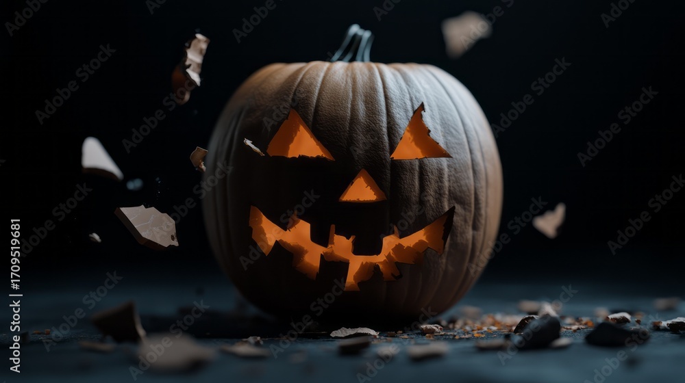 Fototapeta premium Spooky Halloween Pumpkin With Jagged Face Surrounded by Flying Pumpkin Fragments and Darkness