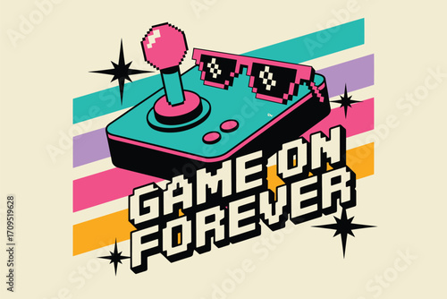 Retro gaming controller with pixelated sunglasses and game on forever text over colorful stripes
