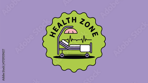 A cartoon illustration of a hospital bed with an ekg line inside a green health zone emblem on purple