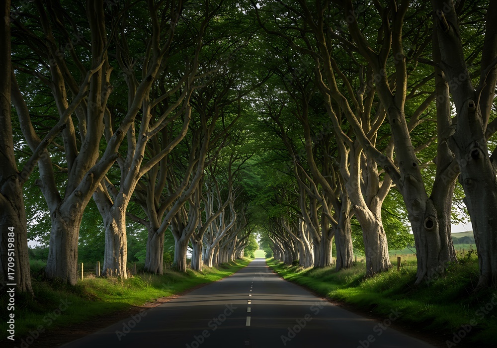 Obraz premium Sun-Dappled Canopy: A Road Through Green