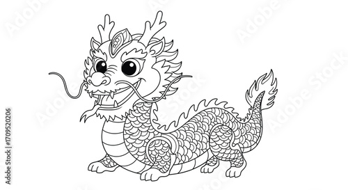 A simple line drawing of a cute cartoon dragon ready for coloring.