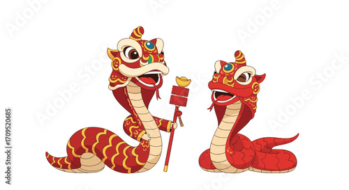 Two stylized dragons adorned in red and gold perform a celebratory dance.
