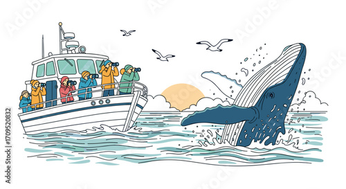 People watching whale breaching near boat at sea during sunset