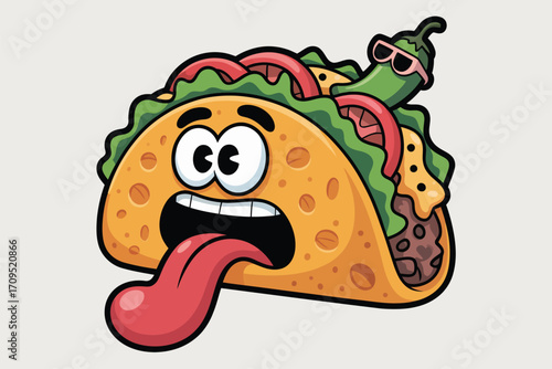 Cartoon taco with surprised expression, tongue out, and a cool pepper wearing sunglasses on top of it