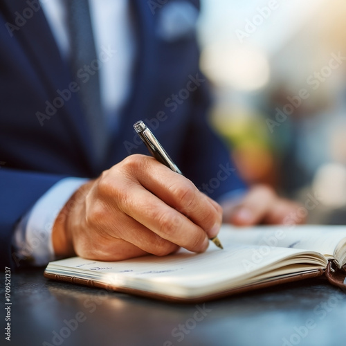 Elegant executive capturing key insights in a personal journal for posterity