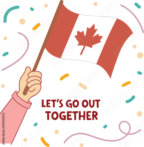 Hand holding Canadian flag with confetti and text Canada