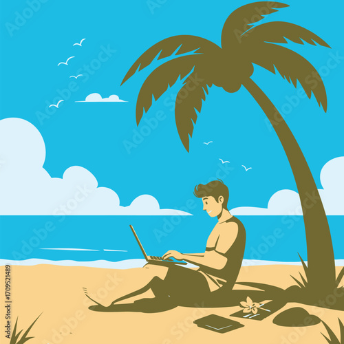 Man working on laptop under palm tree on sandy beach with ocean and clouds vector 1