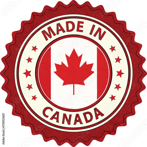 Red Seal Made In Canada Emblem with Maple Leaf stamp