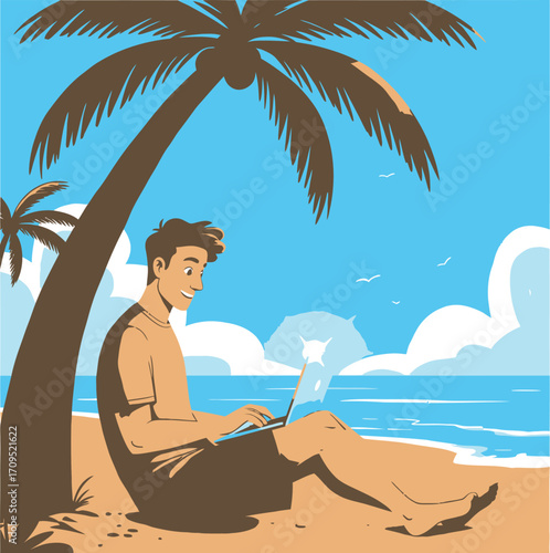 Man working on laptop under palm tree on sandy beach with ocean and clouds vector