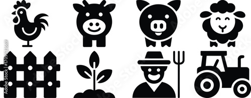 Black and white farm animals and agriculture icons set up