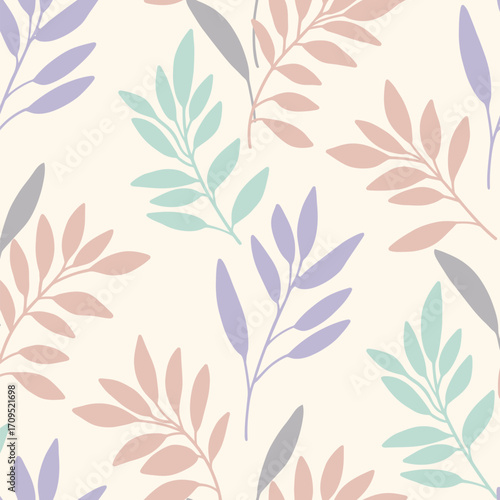 Seamless pattern of delicate leaves in pastel colors on a cream background leaf pattern botanical