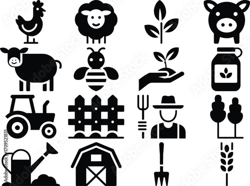 Collection of farm animals and agriculture related objects
