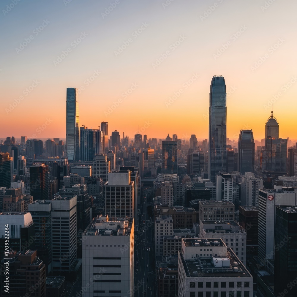 Fototapeta premium Cityscape at Sunset with Skyscrapers and Urban Skyline