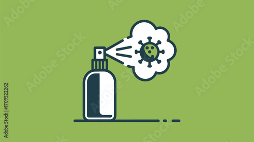 Illustration of a spray bottle spraying a virus cloud on a green background in a flat design style