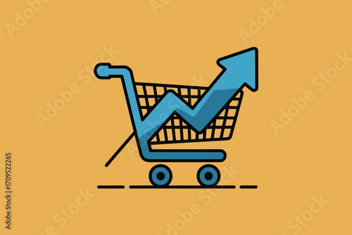 A shopping cart with an upward trending arrow inside on a yellow background displaying growth concept