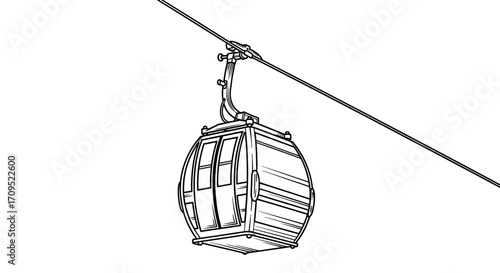 Modern gondola lift suspended on a cable against a white background