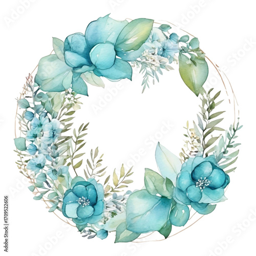 Watercolor floral wreath with teal and green foliage and flowers image photo