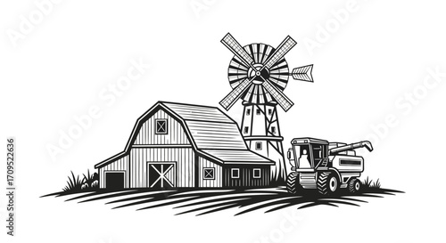 Rustic farm scene with barn, windmill, and modern tractor under a bright sky.