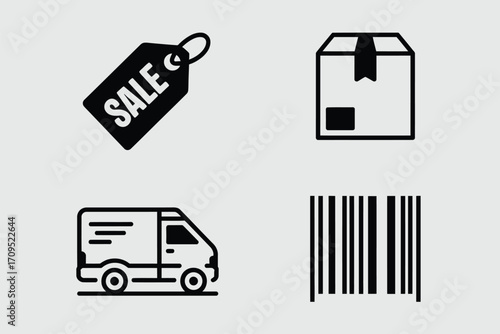 A simple illustration showing a sale tag, a delivery truck, a package, and a barcode icon set up