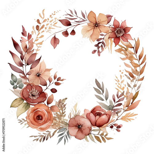 Watercolor Floral Wreath with Terracotta and Orange Flowers image photo