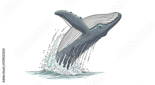 Illustrated whale breaching the ocean surface with water splashing