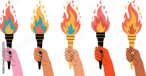 Diverse hands holding torches with colorful flame designs