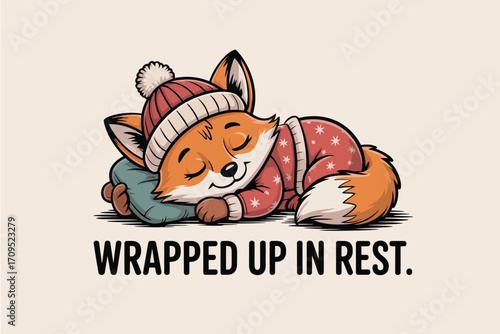 Cartoon fox sleeping on a pillow wearing a hat and pajamas with stars on a cream colored background