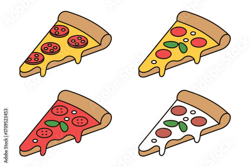 Four pizza slices with different toppings and sauce colors arranged on a white background surface