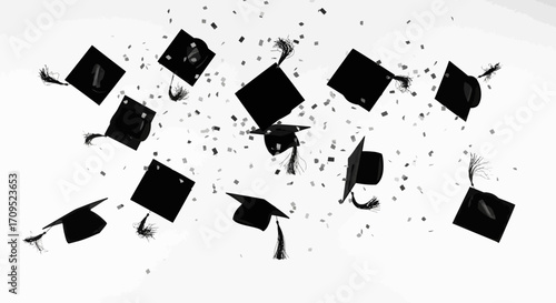 Graduation caps tossed joyfully in the air with confetti celebrating achievement and success