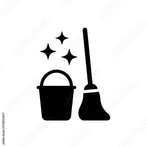 Cleaning Service Icon Bucket and Broom - Hygiene and Maintenance