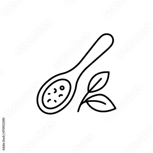 A spoonful of natural powder with herbal leaves minimalist line icon