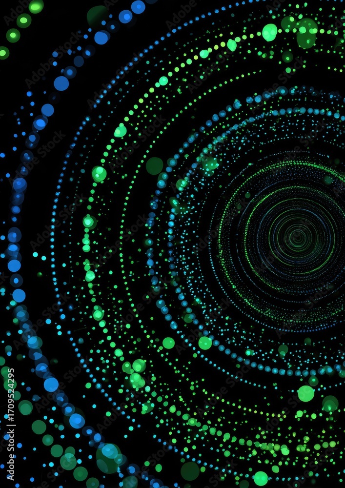 Fototapeta premium A mesmerizing spiral of vibrant green and blue light particles swirling inwards towards a dark center against a black background
