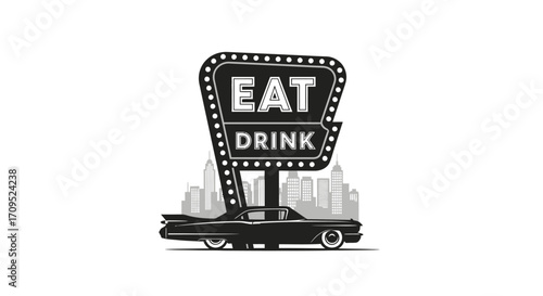 Retro diner sign with classic car evokes nostalgia for roadside dining experiences.