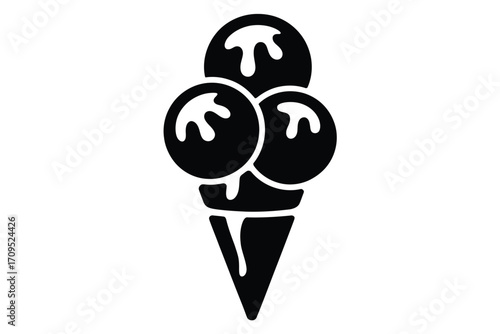 A black and white graphic of a triple scoop ice cream cone with dripping topping on a white background