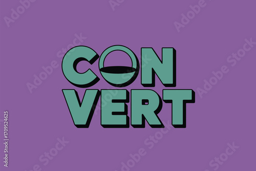 The word convert in teal with black shadow on a purple background with a basket in the o letter