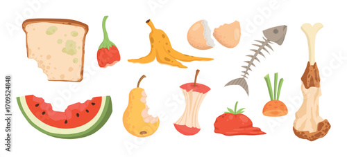 Organic waste, food compost collection isolated on white background. Banana and watermelon rind, fish bone and apple stump vector illustration