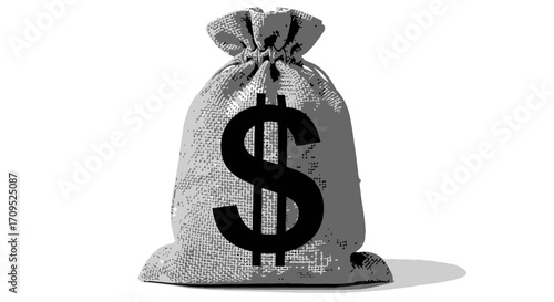 A textured burlap money bag with a large dollar sign symbol, representing wealth and financial gain.
