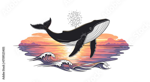 Humpback whale breaching at sunset in stylized ocean illustration