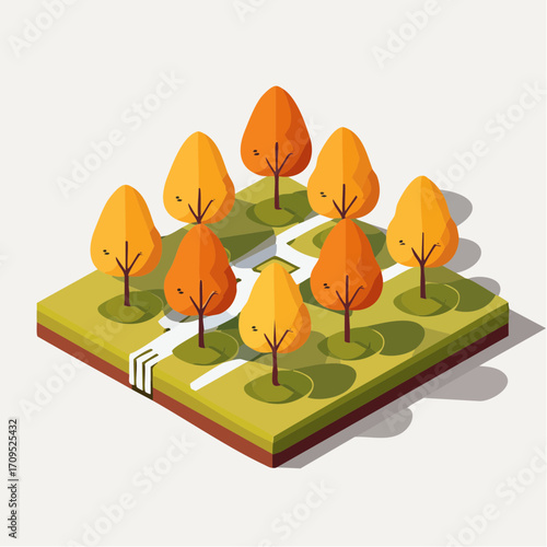 Vibrant autumn trees line a serene park pathway, casting playful shadows in a charming isometric scene