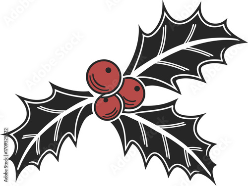 Christmas Leaf Vector illustration Silhouette. Christmas Holly Berries.