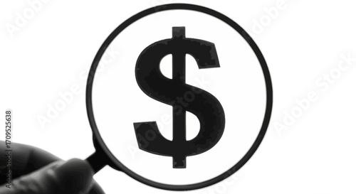 Magnifying glass focused on a dollar sign, symbolizing financial analysis and economic scrutiny.