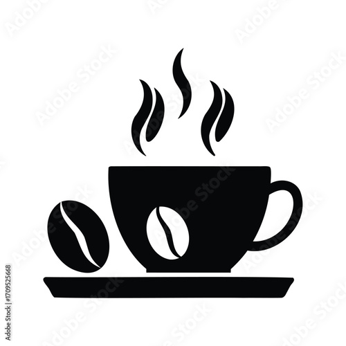 Elegant black and white image of a steaming cup of delicious coffee, coffee cups and beans icon silhouette vector illustration