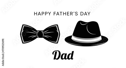 Happy Father's Day celebration with classic bow tie and fedora hat illustration.