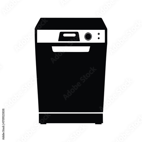 Stylized graphic of a dishwasher appliance with a black and white palette, dishwasher silhouette vector illustration